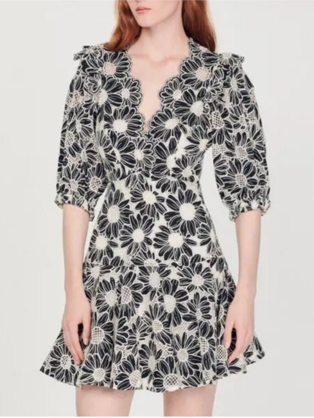 Sandro Embroidered Floral Mini Dress‎ Black White EU 38 US 6 Puff Sleeve Cotton